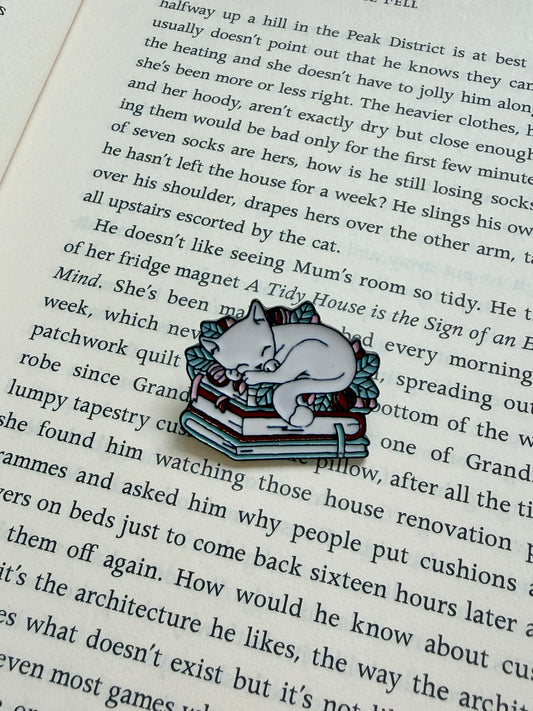 'cat on books' pin / badge