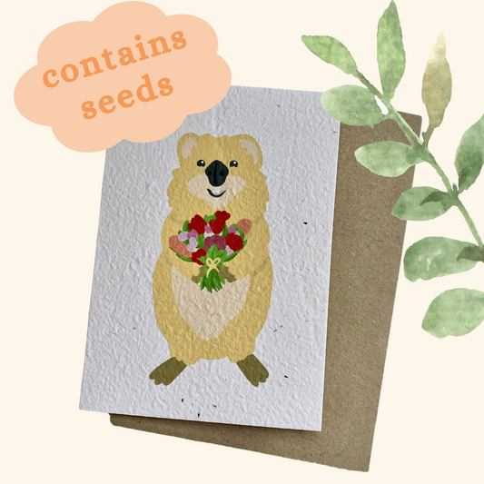 Quokka holding bunch of flowers Plantable Card (contains seeds)